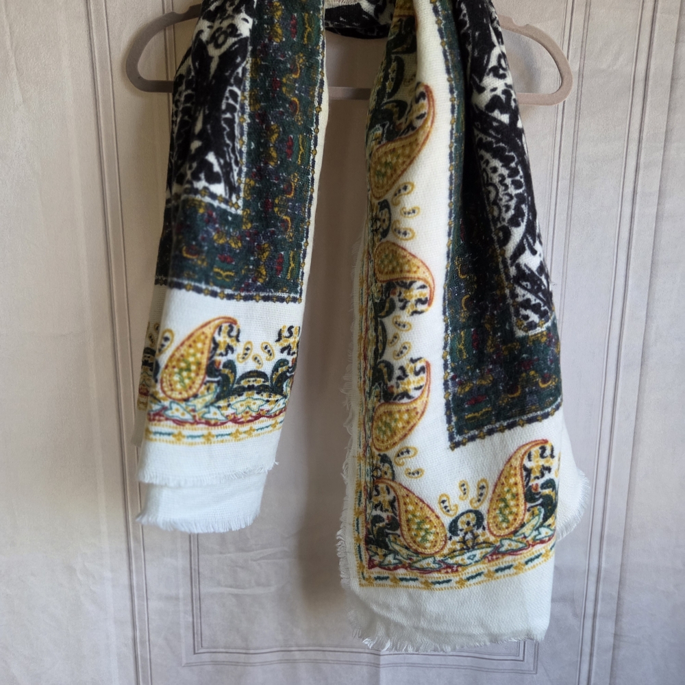 Zara Paisley Border Pattern Lightweight Scarf - Yellow, Black, Green